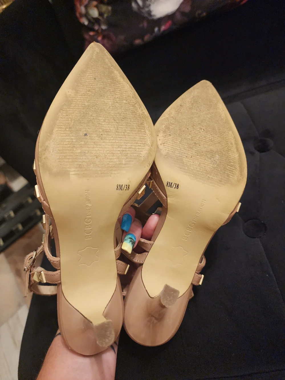 BCBG Pointed Nude Patent Leathet Heels with Gold Pyramid Studs Size 7.5